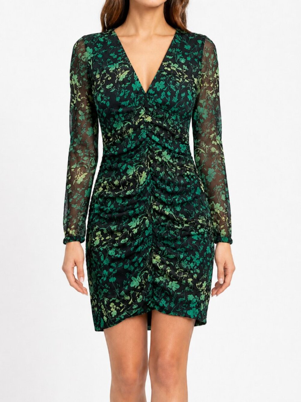 A New Day Green Floral Ruched Mesh Bodycon Mini Dress Size Medium